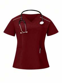 TaskEZ Plus Size Solid Color Short Sleeve Scrubs Set With Long Pants For /Nursing Uniforms - Burgundy - View 3