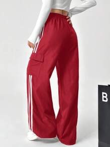 SHEIN EZwear Women's Casual Red Drawstring Waist Striped Side Pocket Long Pants - Red - View 2