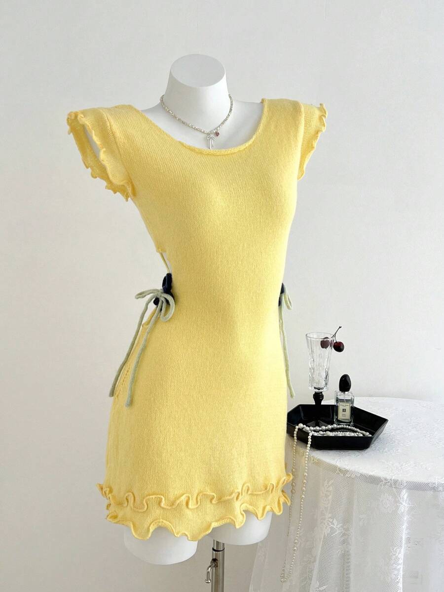 SHEIN Unity Women's Vacation Casual Solid Color Hollow-Out Lace-Up Fitted Mini Knitted Dress - Yellow - View 1