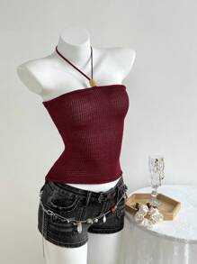 SHEIN Unity Women Solid Sheer Neck Fitted Vacation Sweater Vest - Burgundy - View 3