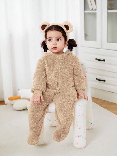 Newborn Baby Unisex Plush Bear Ear Animal Hooded Zipper Footed Jumpsuit Fall Winter