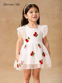 SHEIN Glamorique Kids 女婴粉色金属草莓和薄纱泡泡袖连衣裙，流行款式 - 白色 - 查看 7