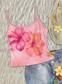 Teen Girl Fitted Casual Resort Style Cute Pink Hibiscus Tie-Dye & Watercolor Floral Print Bohemian Festival Camisole Tank Top Flower Tank Top Summer Crop Tops Hibiscus Tank Top Pink Floral Crop Top Summer Tops For Teen Girls - Multicolor - View 2