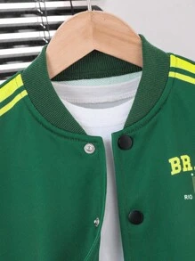 Explorewe 1pc Young Boys Jackets Grass Green Baseball Uniform Long Sleeve Stand Collar Striped & National Flag Print Hoodie Career Day,Autumn Back To School - Multicolor - View 5