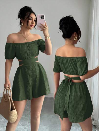 Rafferiza Mono informal de mujer para vacaciones con hombros descubiertos y lazo en la espalda