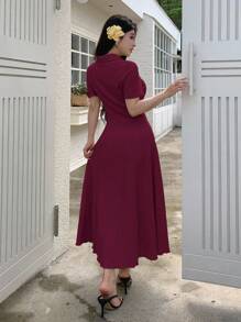 Modelyn Women's Solid Color Minimalist Button-Up Waisted Knee Length Sweater Dress - Burgundy - View 2