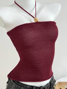 SHEIN Unity Women Solid Sheer Neck Fitted Vacation Sweater Vest - Burgundy - View 4