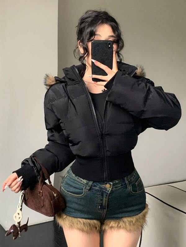 DAZY 女士加厚抓绒撞色拼接短款连帽外套，休闲时尚修身加厚羽绒服，冬季