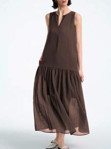 Aalyst 女式法式优雅奢华简约高端设计休闲度假办公室舒适宽松纯色半透明面料圆领前隐形拉链荷叶边下摆带侧袋无袖长裙，春夏 - 巧克力棕 - 查看 4