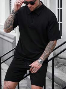 Manfinity LEGND 男士休闲半拉链铆钉短袖 POLO 衫套装 - 黑色 - 查看 5
