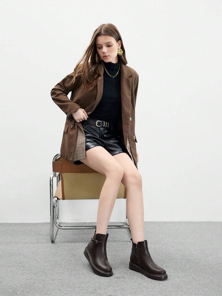 CUCCOO BIZCHIC Women's Brown Thick Sole Elegant Mid-Calf Boots