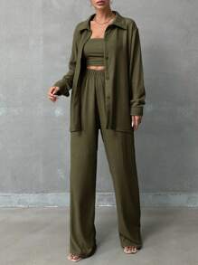 SHEIN Tall Bộ 3 món Áo sơ mi họa tiết & Áo không dây & Quần Thường ngày & Thời trang - xanh quân đội - Xem 5