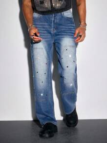 ROMWE MEN Street Life Men's Rhinestone Decorated Pocket Casual Fashion Wide-Leg Jeans - Blue - View 4