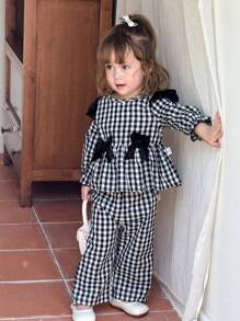 SHEIN 2 Piece Set Baby GirlCasual Holiday Nature Style Black & White Grid Long Sleeve Shirt + Wide Leg Pants Outfit, Autumn/Winter, 0-3 Years Old - Black - View 4