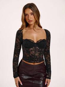 SHEIN BAE 女士优雅性感纯色蕾丝修身短款上衣 - 黑色 - 查看 5