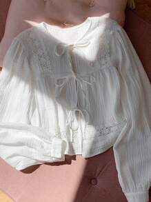 Comfortcana Camicetta oversize casual da donna a maniche lunghe, di colore tinta unita semplice con fiocco - Bianco - Visualizzare 5