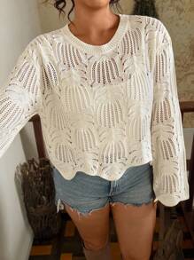 Travachic Plus Size Casual Loose Hollow Out Long Sleeve Crew Neck Women Sweater In Fall/Winter - Apricot - View 8