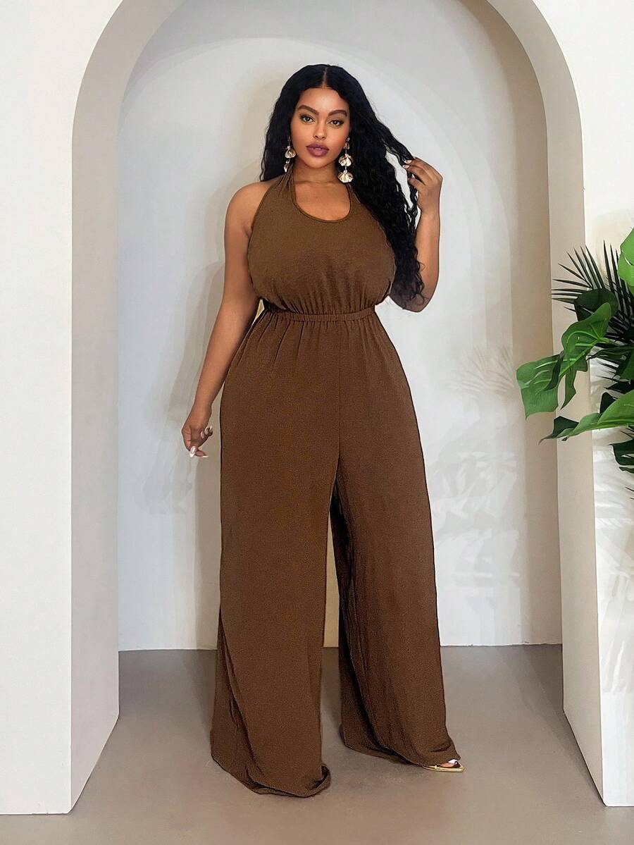 Veslaya 大码 2025 V 领系带无袖宽松腰阔腿连体裤 - 棕色 - 查看 1