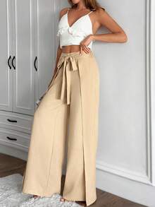 EURMUSE Women Solid Color Tie Front Detailed Wide Leg Pants - Beige - View 5