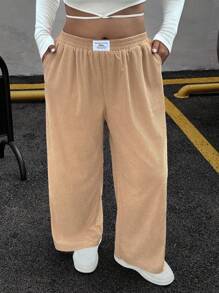 SHEIN EZwear 大码女式休闲宽松字母贴袋阔腿裤，适合夏季、秋季和冬季穿着，也适合返校、商务休闲、办公室、工作、教师等场合，灯芯绒面料。 - 彩色 - 查看 4