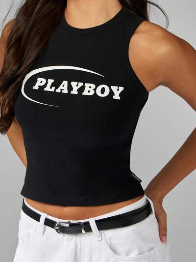 Missguided x Playboy 로고 프린트 하이넥 크롭 탱크