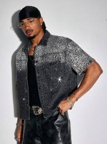 ROMWE MEN Street Life Men's Summer Leopard Print Colorblock Button-Up Denim Shirt