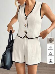 Easowa 2 件套女士夏季亚麻背心和短裤套装，适合机场装女士夏装女士教师装亚麻教师装商务职业女士纽扣衬衫套装工作服旧钱亚麻两件套 2 件背心和短裤套装女士两件亚麻套装奶油色两件套两件短裤套装女士女士亚麻夏季装女士教师装旧钱风格 - 杏色 - 查看 6