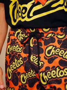 Cheetos X SHEIN 男士休闲字母图案圆领短袖上衣和短裤两件套家居服套装，夏季 - 黑色 - 查看 6