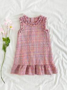 SHEIN Baby Girls' Ruffle Round Neck Sleeveless A-Line Dress. The Neckline And Sleeve Cuffs Are Designed With Ruffles, Making The Entire Dress More Lively And Cute. The Round Neckline Design Is Classic And Elegant, The Sleeveless Style, And The Ruffle A-Line Hemline Add An Elegant Touch. The Loose Fit Is Suitable For Babies Of Various Builds. This Dress Is Suitable For Various Occasions. - Multicolor - View 3