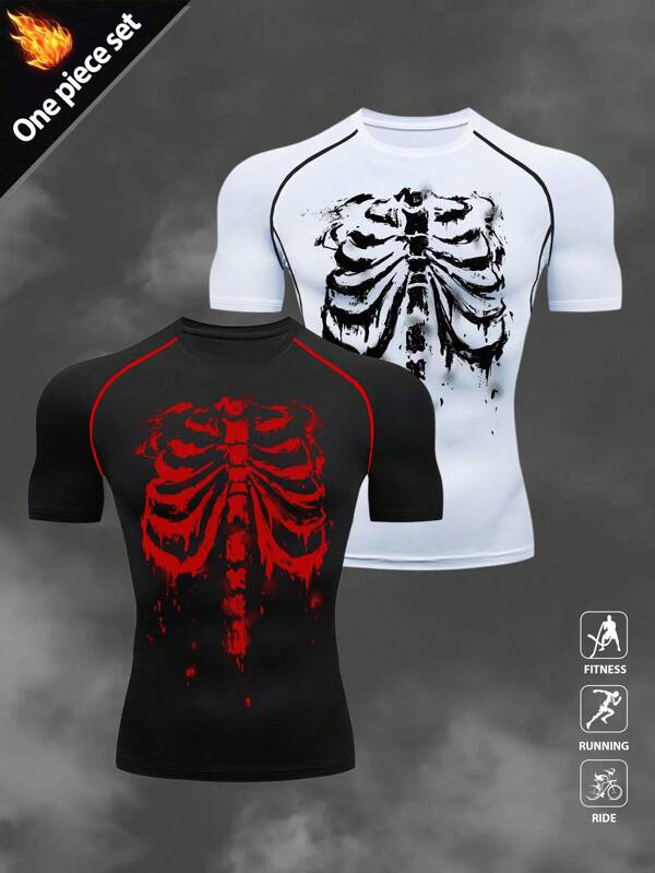 Manfinity Sport Polished Men's Skeleton Print Round Neck Raglan Short Sleeve Sports T-Shirt