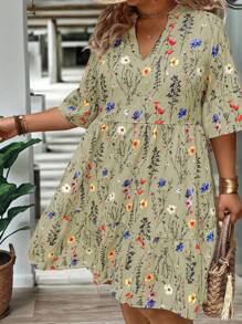 EMERY ROSE Plus Size Women's Summer Branch Floral Print V-Neck Ruffle Hem Loose Fit Dress - Army Green - View 6