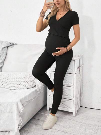 SHEIN 2件套孕妇休闲纯色V领裹身哺乳T恤和可调节腰部修身裤