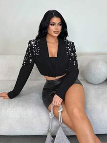 SHEIN SXY Áo khoác blazer dài tay dáng ngắn màu đen đính pha lê dành cho nữ, phù hợp cho tiệc tùng, hẹn hò, đi club và đi làm trong thành phố, mùa thu/đông, công sở, phong cách retro, dự tiệc, nghỉ dưỡng, đi chơi, phong cách quý tộc, quyến rũ, dạ hội, vũ hội, ngày Valentine, trang phục đi du lịch, đi làm, nhiều lớp, hẹn hò, tụ họp, phong cách tối giản, sinh nhật, sự kiện trang trọng, nghỉ ngơi, kín đáo, sang trọng, thường ngày, mua sắm, thời trang đường phố, đi chơi. - màu đen - Xem 3