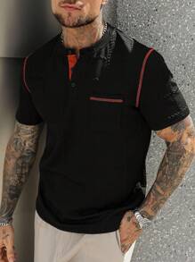 Manfinity Homme 男士撞色缝线纽扣 Polo 领短袖 T 恤，休闲夏季