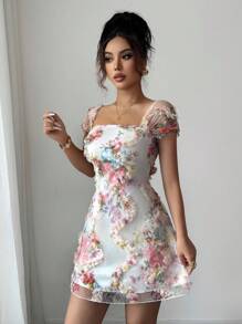 Selianne New Retro Ditsy Floral Mesh Frill Hem Form-Fitting Slip Dress, Elegant & Beautiful, Spring/Summer - Multicolor - View 2