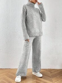 SHEIN LUNE 2件套秋冬休闲纯色高领毛衣和针织裤，适合大学生的针织衫套装 - 淺灰色 - 查看 6