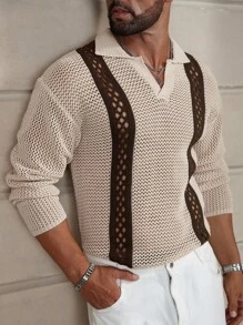 Manfinity Homme Áo len dệt kim khoét lỗ màu tương phản dành cho nam, Thu Đông - Nhiều màu - Xem 6