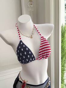 Comfortcana Conjunto de Maiô Bikini Halter com Nó Torcido e Estampa de Listras Contrastantes para Mulheres - Multicolorido - Visão 6