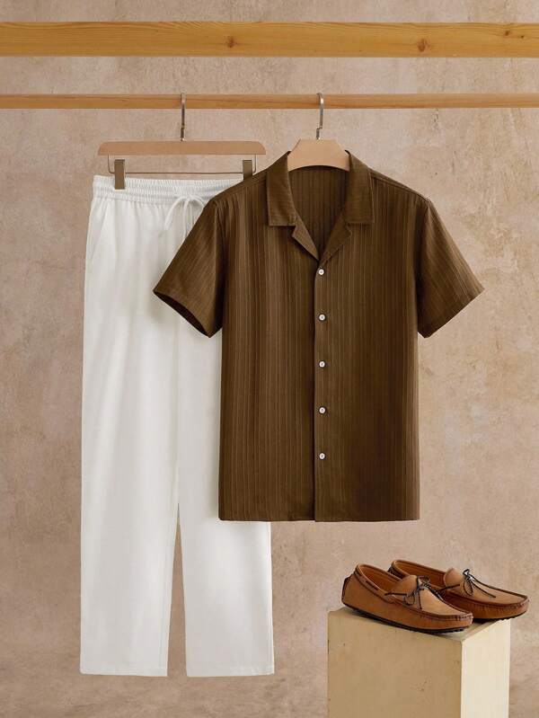 HIMLAND BESTSELLER Summer 2025! Men's Unique Print Cuban Collar Shirt & Shorts Set - Relaxed Fit, Breathable, Must-Have Two-Piece For Beach & Vacation! 2pcs/Set Men's Summer Casual Commuter Outdoor Party Textured Cuban Collar Short Sleeve Shirt Set, Men's Shirt Set, Men's Short Sleeve Shirt And Shorts Set, Printed Shirt Set Men, Cuban Collar Shirt Set Men, Camp Collar Shirt Set Men, Summer Casual Set Men, Beach Resort Set Men, Streetwear Print Set Men, Relaxed Fit Shirt Set Men, Designer Two-Piece Set Men, 2025 SS New Men's Set , Bestseller Men's Casual Set , Black And White Print Set Men, Matching Beach Set