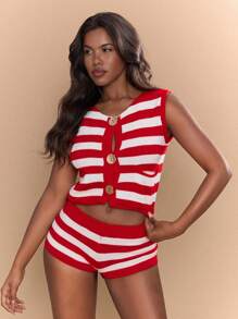 Slaydiva Nuevo conjunto de verano para mujer con top sin mangas de cuello redondo de punto a rayas con bolsillo, cintura ajustada y shorts súper cortos - Rojo - Ver 4