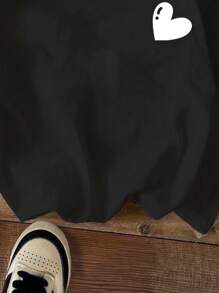 SHEIN Leap Crew 青少女休閒簡約愛心紋短袖T恤，適用於夏季 - 黑色 - 查看 5