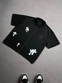 PAVTROS 男士前拉链短袖十字印花衬衫，男士前拉链衬衫，街头风格男装，男士街头时尚衬衫，适合日常穿着、郊游、运动休闲、学校、派对、音乐节、休闲。可作为礼物赠送给朋友、男朋友。