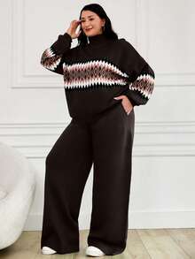 EURMUSE Women's Geometric Pattern High Neck Sweater 2pcs/Set - Brown - View 3