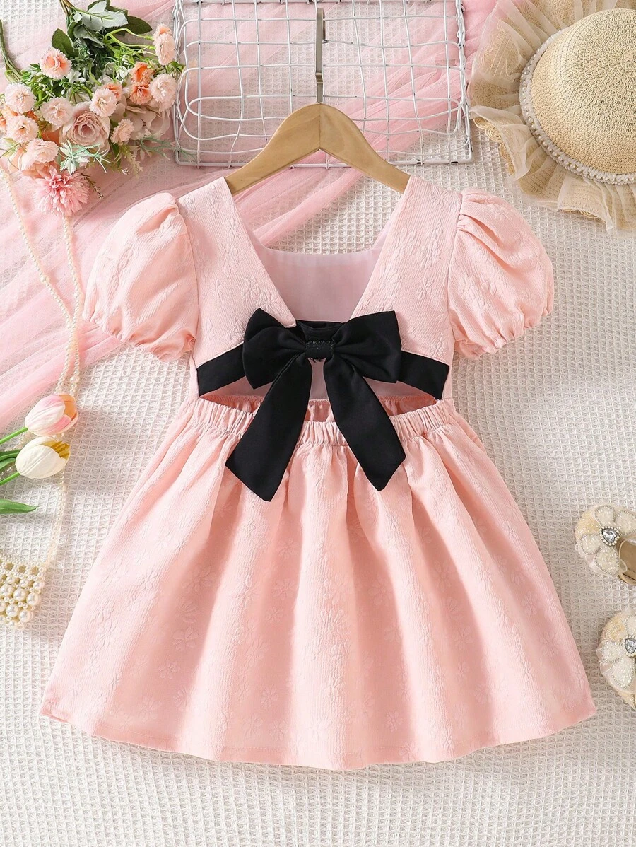 Elladie kids Elladie 女童夏季優雅甜美泡泡袖洋裝,粉色梭織提花面料,柔軟舒適,露背蝴蝶結裝飾可拆卸,適合休閒時尚、旅行、日常穿著、運動、校園穿搭、派對、生日禮物、度假風、夏季穿搭、畢業禮服、優雅造型 - 粉色 - 查看 1