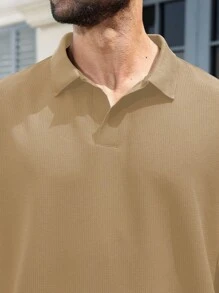 Manfinity Homme 大码男士纯色短袖 Polo 衫和短裤套装，休闲简约纹理 - 杏色 - 查看 6