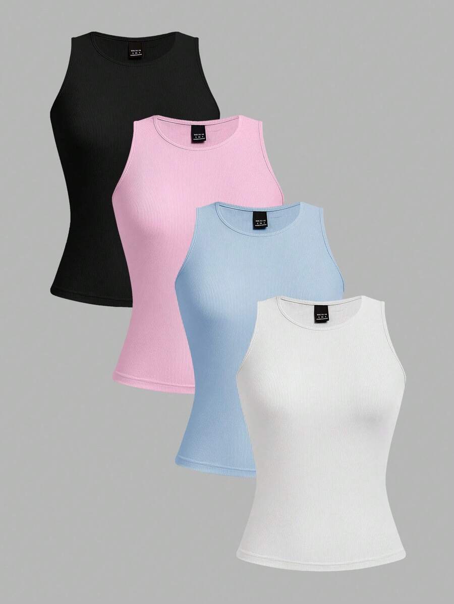 SHEIN EZwear 4件組女款性感極簡基本款短版緊身背心,適合夏季健身,黑色、粉色、水藍色、白色 - 彩色 - 查看 1