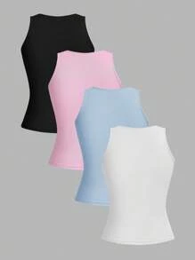 SHEIN EZwear 4件組女款性感極簡基本款短版緊身背心，適合夏季健身，黑色、粉色、水藍色、白色 - 彩色 - 查看 2