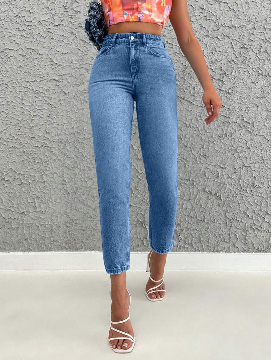 SHEIN Cottnline Jeans Com Corte Ajustado De Cor Sólida Para Mulheres - Lavagem Média - Ver 1