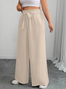 SHEIN PETITE Pantalones de pierna ancha de unicolor con volantes en el dobladillo, cintura con lazo y bolsillos para mujer de talla grande - Albaricoque - Ver 8