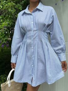 SHEIN EZwear Women's New Striped Waist Ruched Short Sleeve Dress